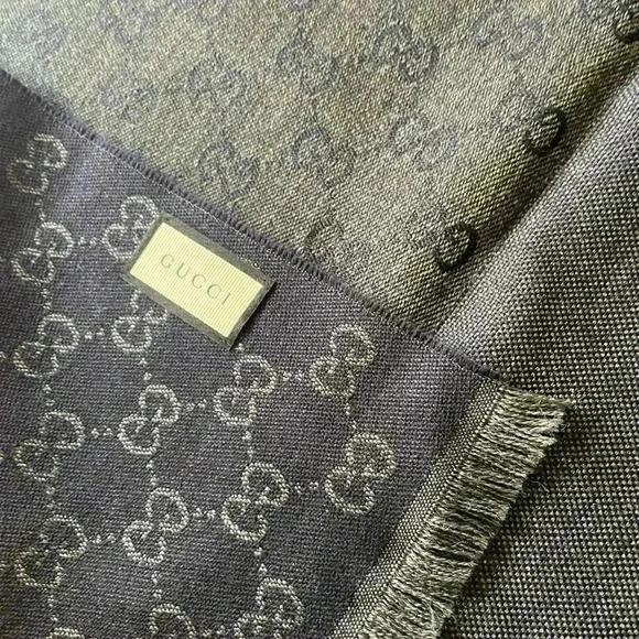 Gucci Wool Scarf Half GG Pattern Monogram Italy 40x180 Dark Green Navy Gray Long - Picture 11 of 13